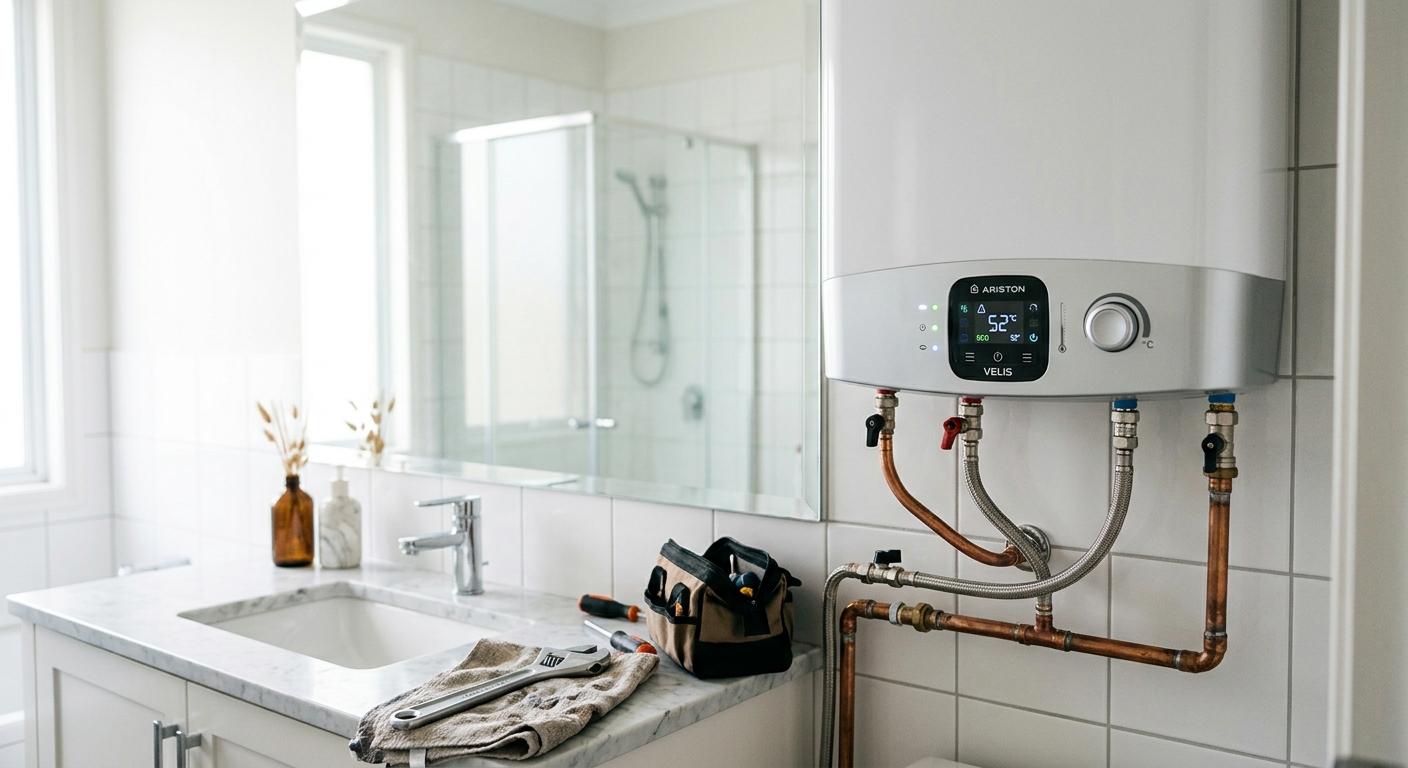 Artisan plombier de RTS Plomberie inspectant un chauffe-eau électrique