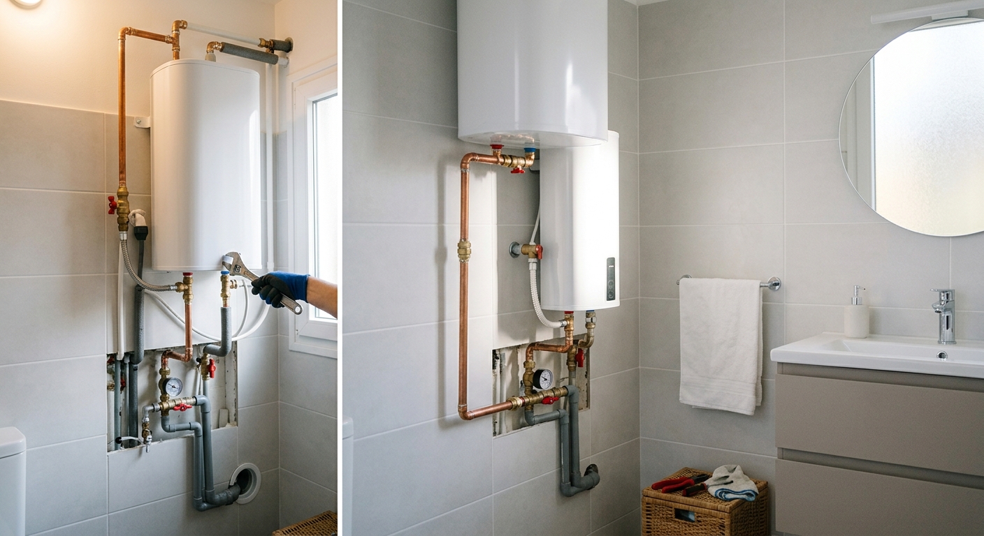 Artisan plombier installant un chauffe-eau électrique
